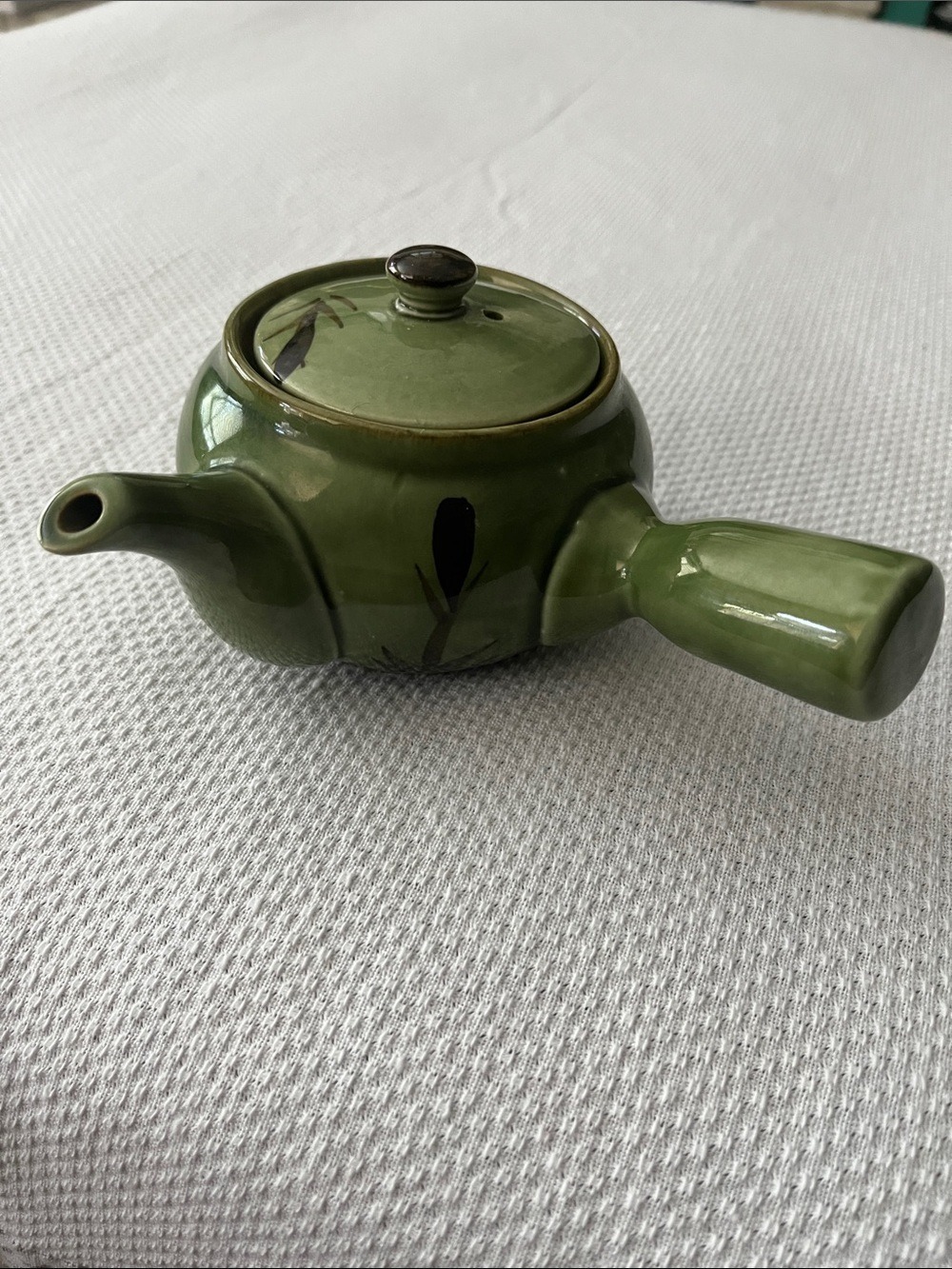 Green Ceramic Vintage Japanese Kyusu Side-Handled Teapot with Leaf Accent